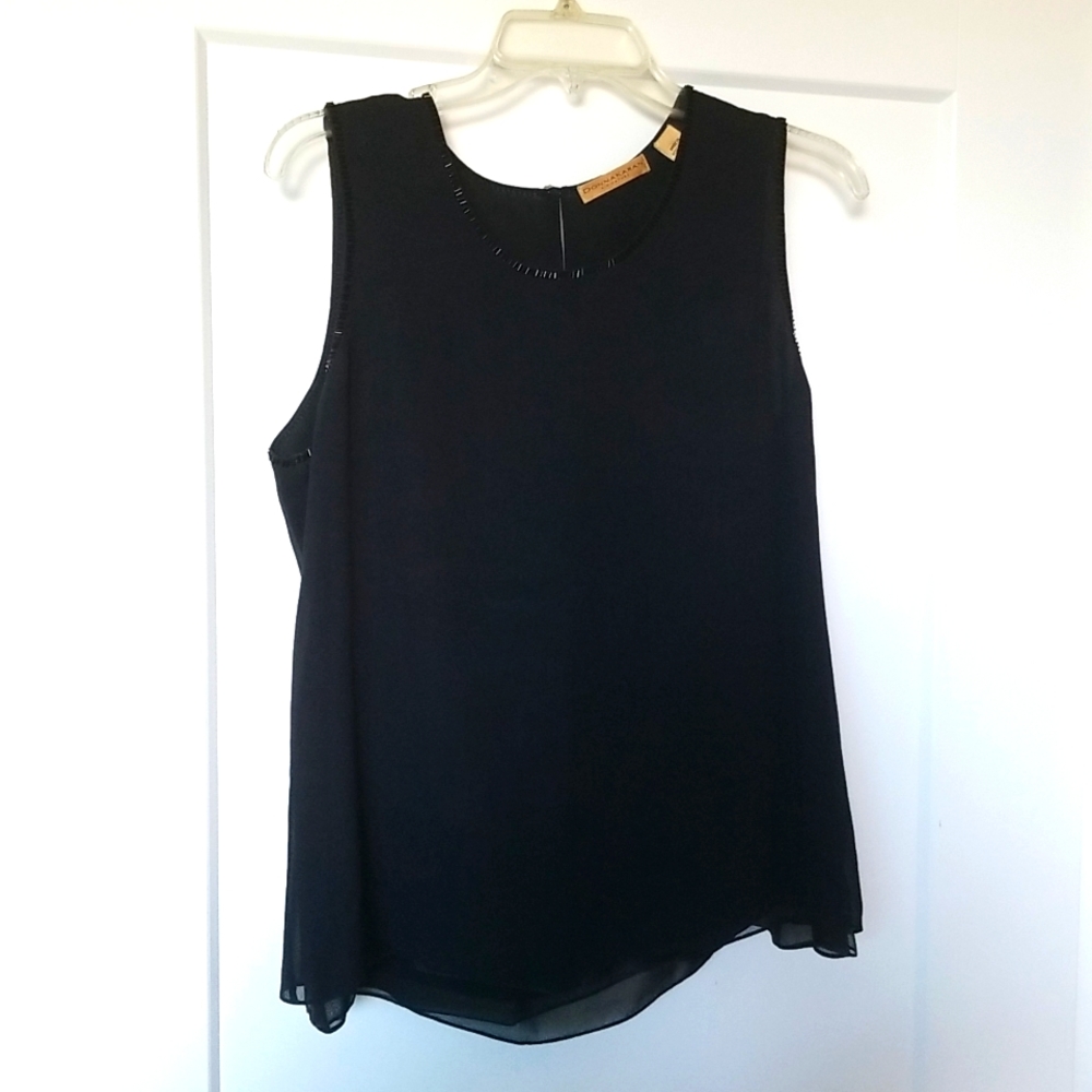 Donna Karan Signature Designer Black Beaded Collar Silk Shirt Size 12